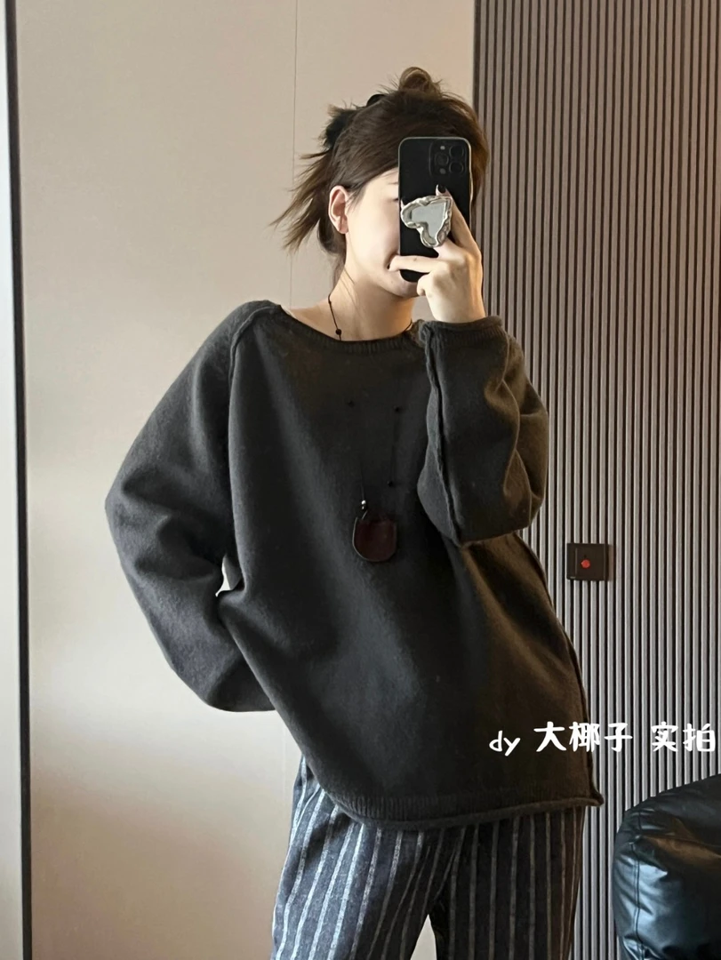 针织长袖慵懒的卷边时尚插肩袖秋冬套头新款毛衣上衣#816休闲