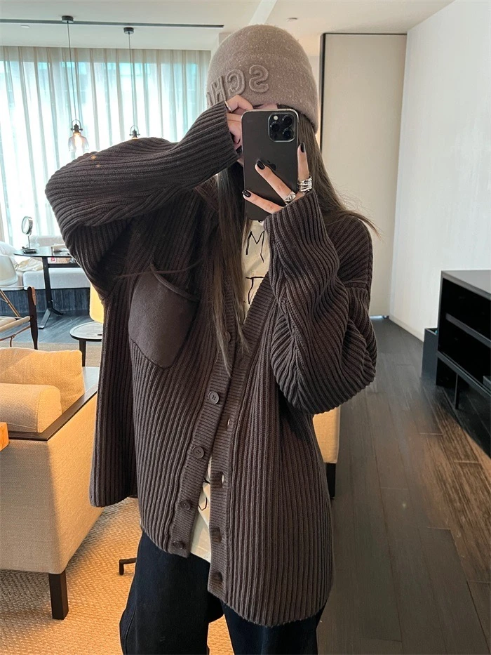 巧克力美拉德 慵懒挂毛衣外套秋冬宽松针织开衫#859