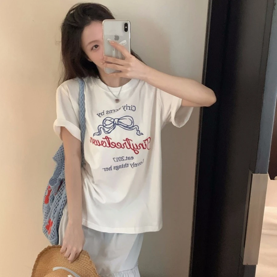 ins字母蝴蝶结印花短袖上衣学生女夏季新款百搭宽松显瘦T恤#642