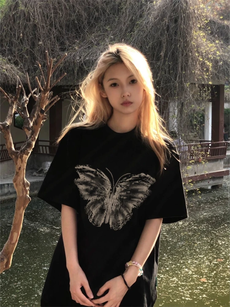 蝴蝶t恤女半袖夏季2024新款宽松设计感小众美式复古黑色短袖#607