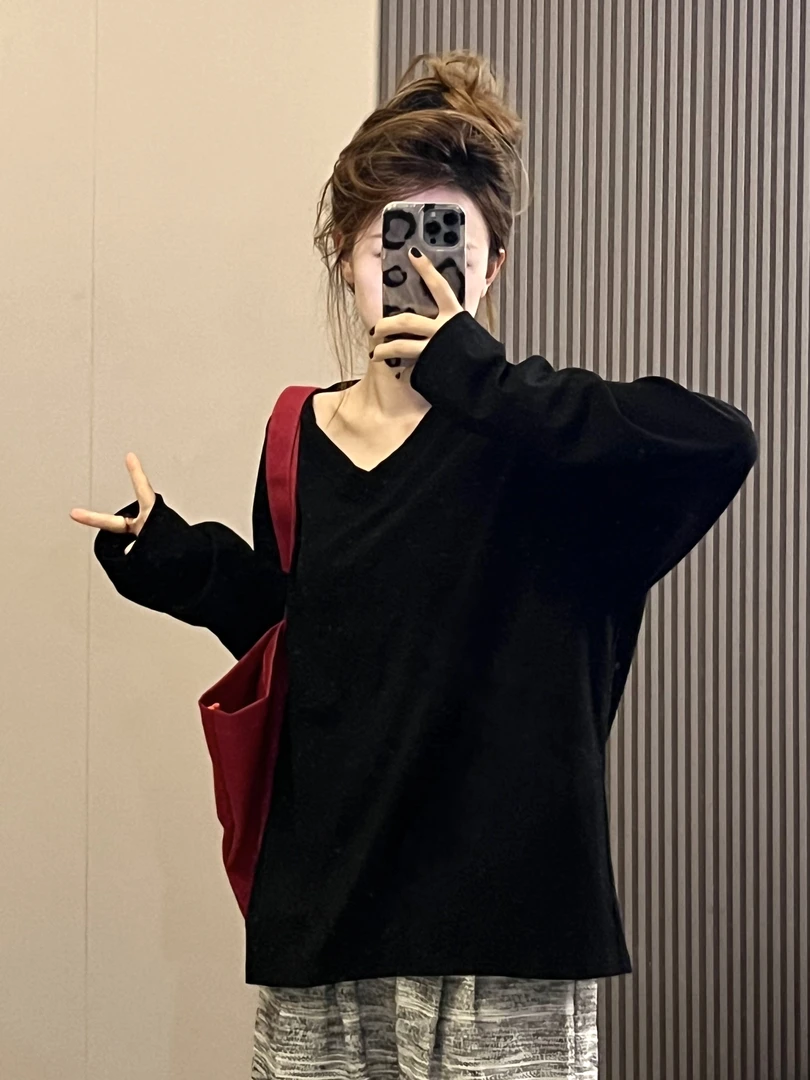 新款百搭宽松纯色大V领秋季慵懒风松弛感休闲显瘦防晒上衣#9925