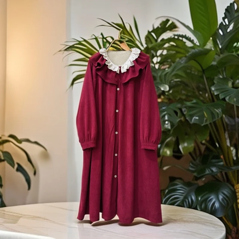 《米粒》63085森系小清新荷叶领宽松百搭开襟长袖连衣裙