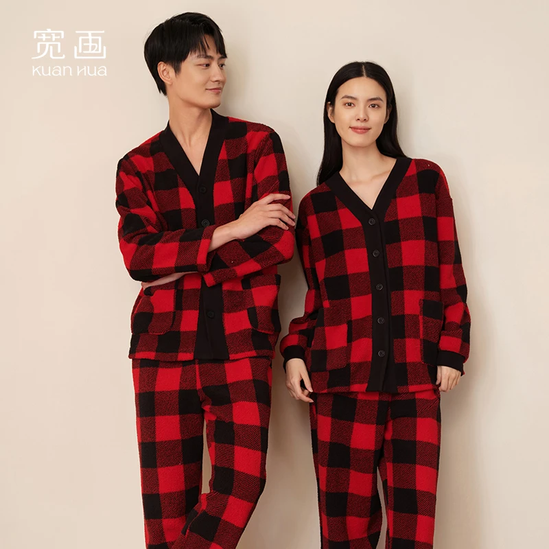 宽画【经典格纹】珊瑚绒女款睡衣情侣睡衣冬季加厚加绒R80036家居服