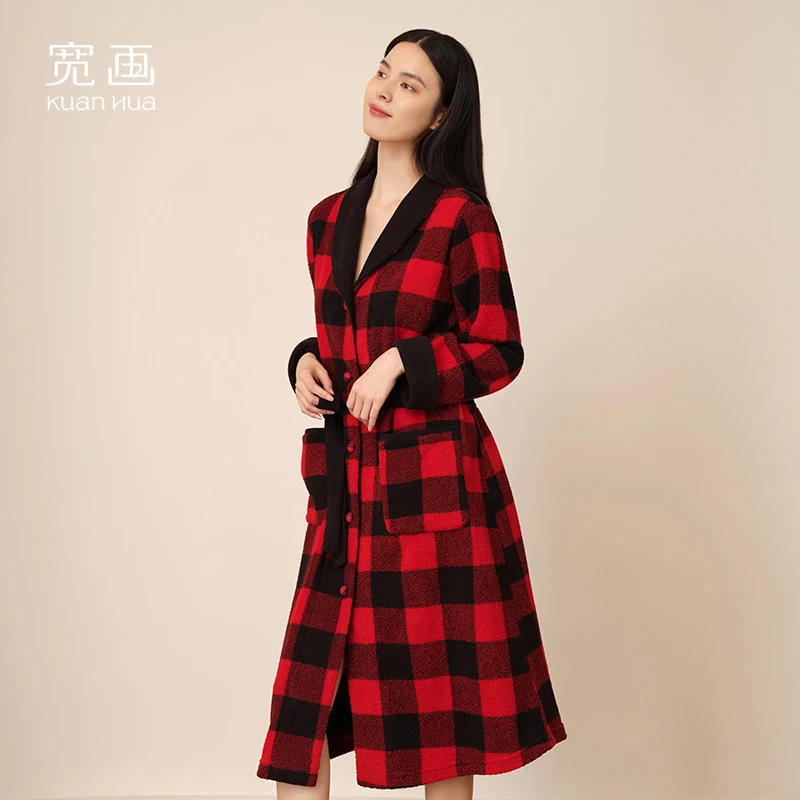 宽画【经典格纹系列】珊瑚绒睡裙保暖柔软舒适睡袍冬加厚加绒R80033