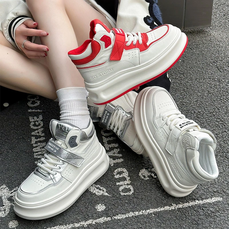 小个子高帮鞋女2025年秋冬新款真皮厚底增高欧货魔术贴休闲运动鞋