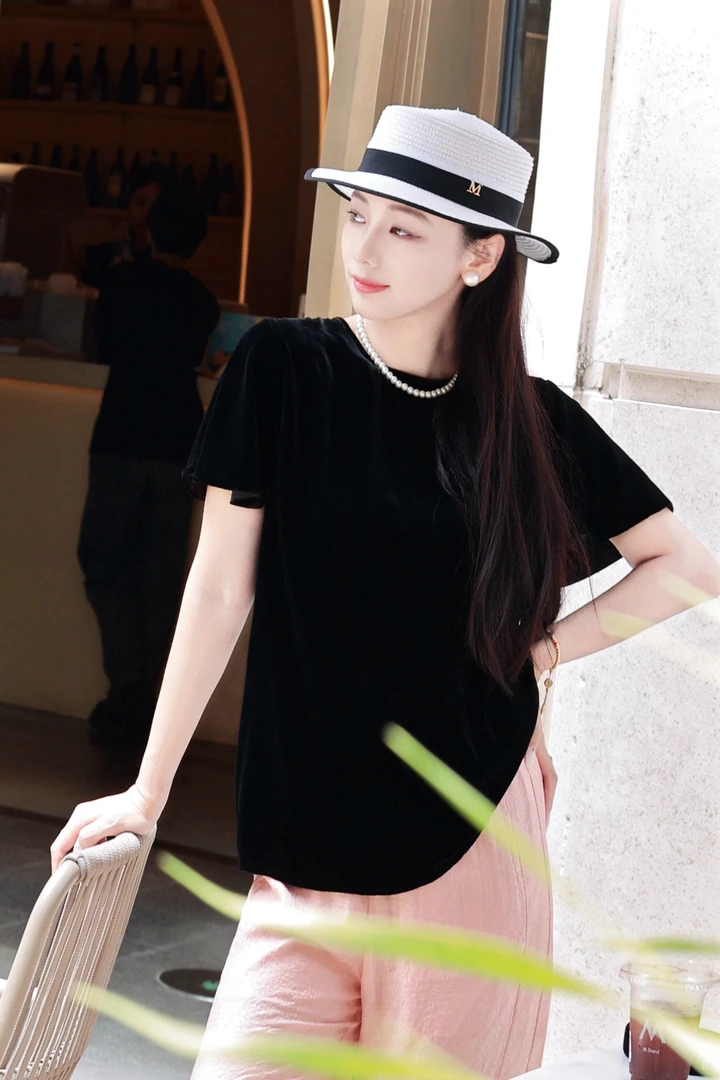 100%桑蚕丝真丝丝绒小飞袖时尚百搭上衣夏季黑色圆领