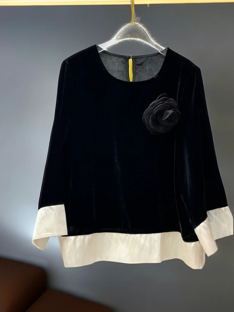 福利小香风真丝丝绒上衣气质百搭黑色拼接长袖女士圆领
