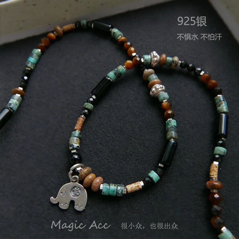 坠链均925银 原创小众设计百搭手工复古串珠国风大象潮流个性项链