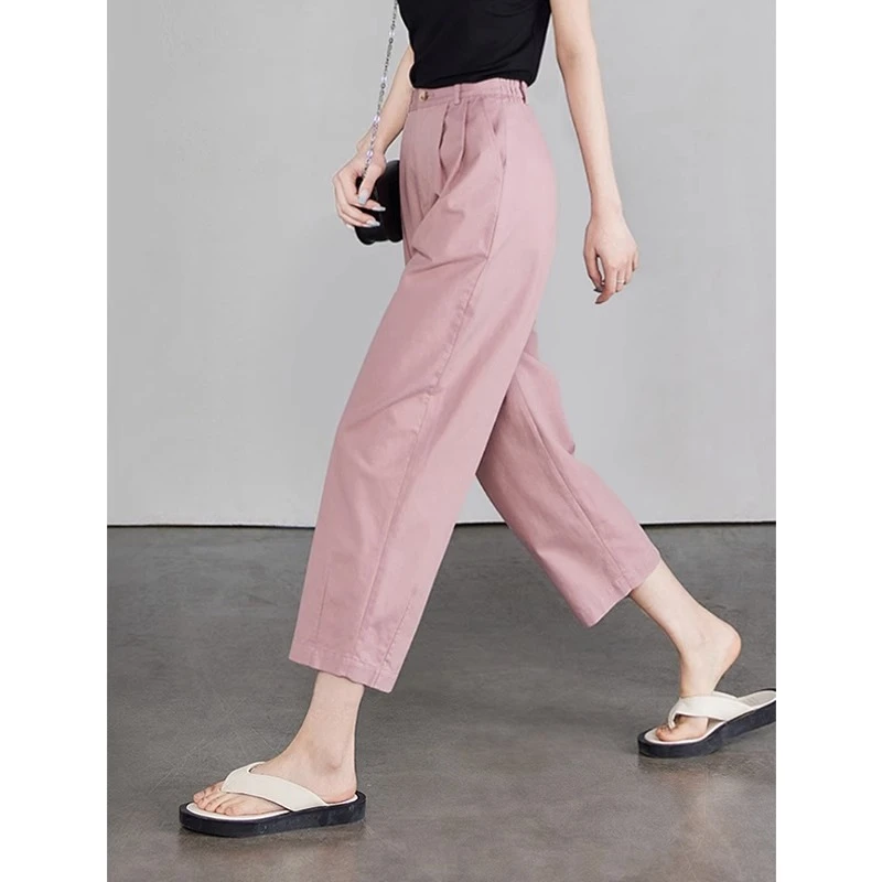 （清仓）2024新款九分休闲裤粉色洋气小个子高腰阔腿裤韩版女裤子