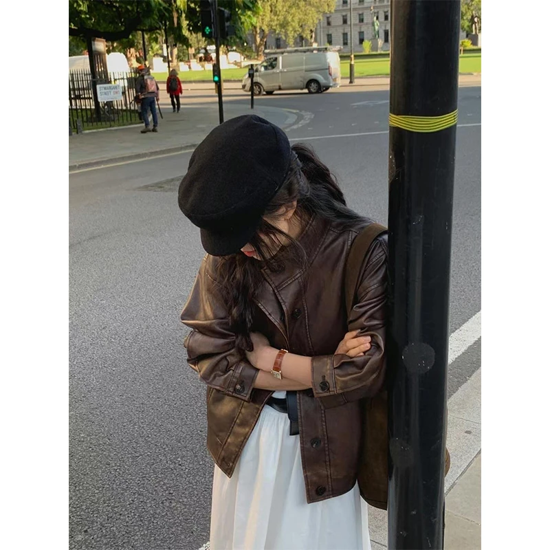 秋冬百搭机车服皮衣外套女士ins宽松落肩设计感夹克外套