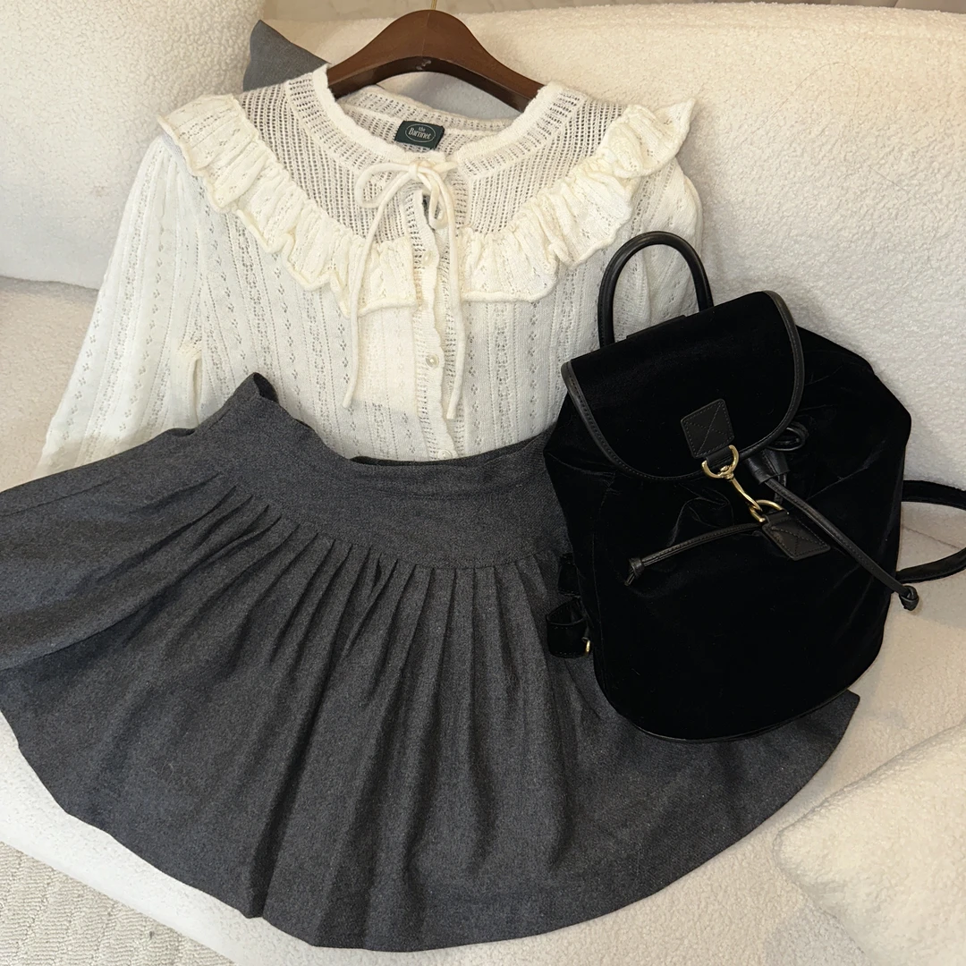 the bar*net 韩国纯色高腰显瘦百褶裙高级感羊毛呢子褶皱半身短裙