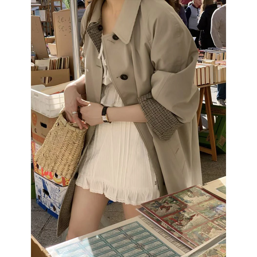 Barnnet慵懒风两面穿格子风衣外套女春季韩系休闲宽松中长款大衣