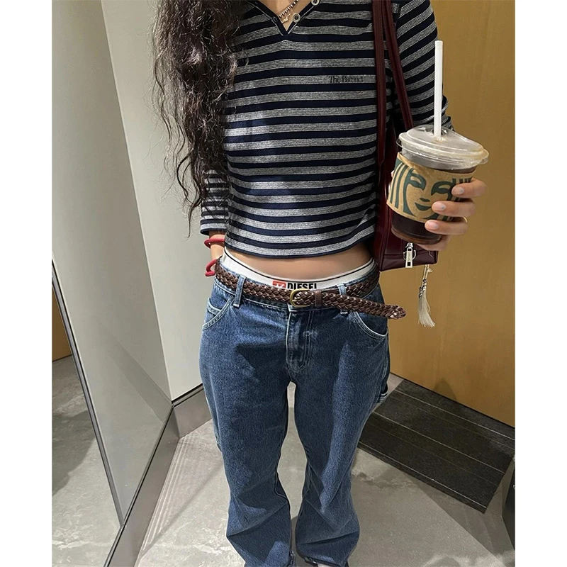 修身条纹长袖T恤女秋季美式复古V领打底上衣