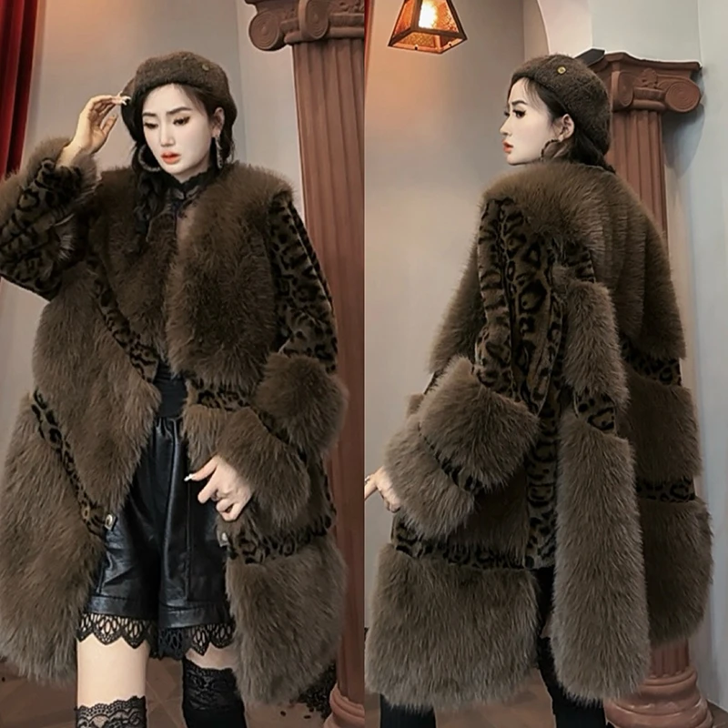 高端豹纹斗篷茸茸外套女秋冬法式高仿皮草披肩中长款上衣外套-135