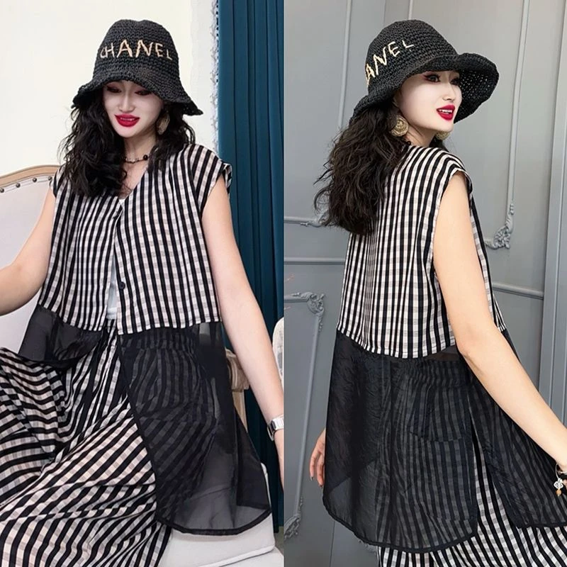 复古格子外套女夏季2024新款时尚拼接设计薄款外搭休闲上衣-9132