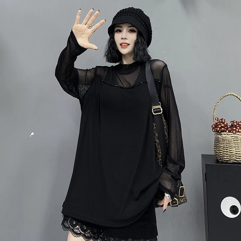 蕾丝打底衫T恤女秋季性感圆领内搭洋气小衫镂空网纱上衣T恤-861