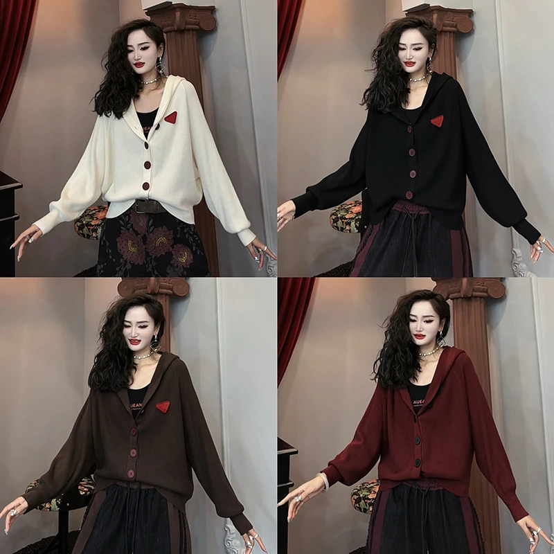 秋季新款时尚连帽针织衫女百搭休闲慵懒风纽扣开衫上衣潮-6905-1