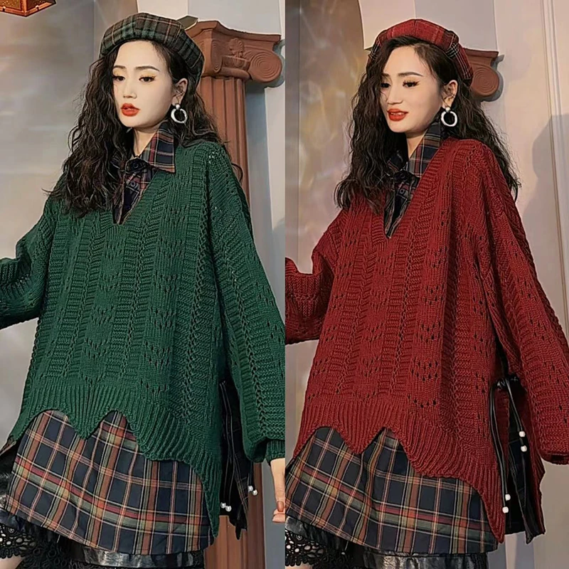 早秋新款镂空针织毛衣女时尚韩版宽松显瘦侧边盘扣休闲上衣-3386