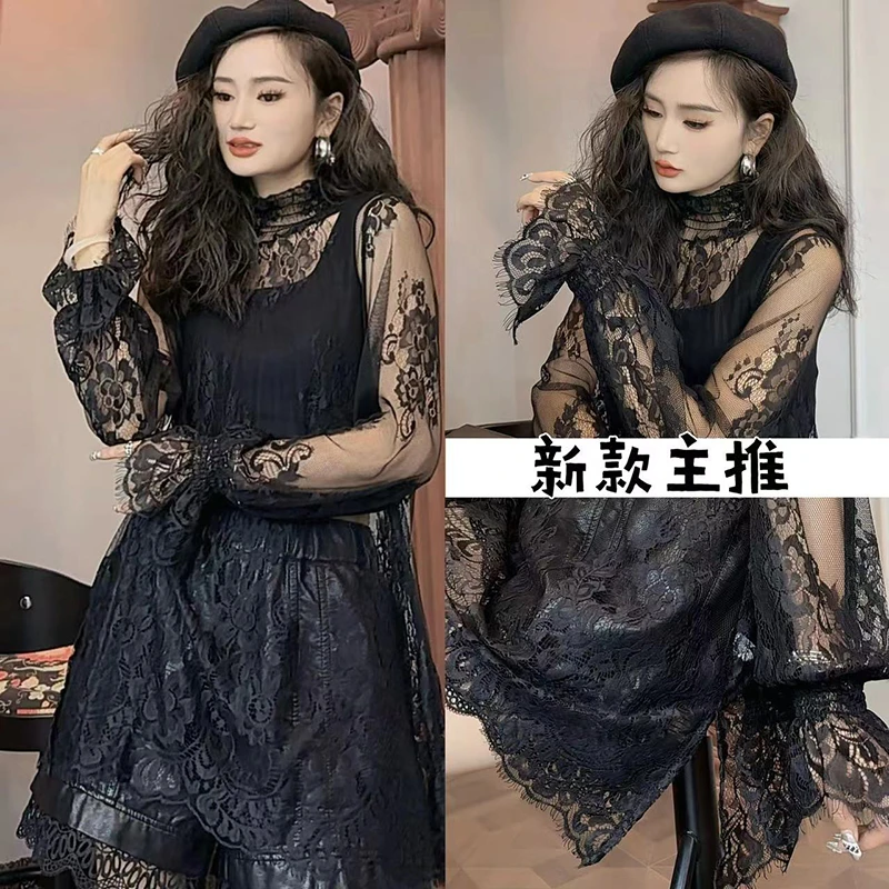 蕾丝打底衫T恤女秋季新款洋气内搭透气网纱中长款长袖上衣-8078
