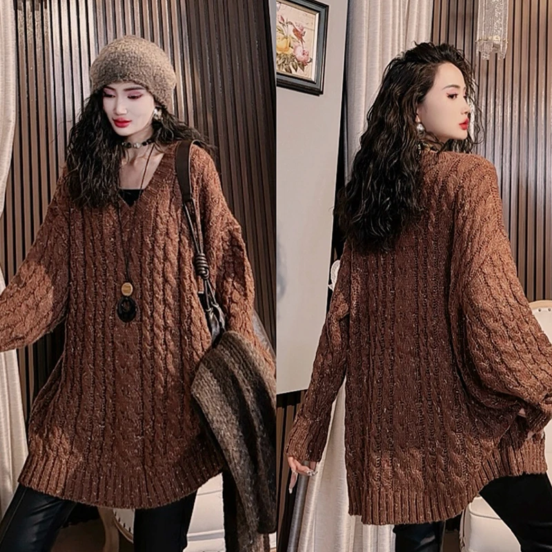 高端简约软糯毛衣女V领秋季新款长袖宽松显瘦打底衫针织上衣-2316