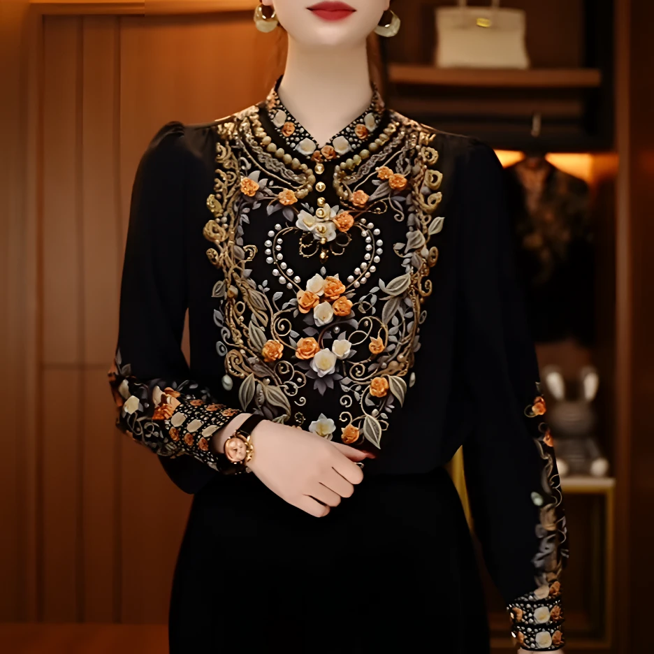 【贵妇装】原创【锦绣华纹】时尚百搭印花长袖显瘦重工重磅设计上衣