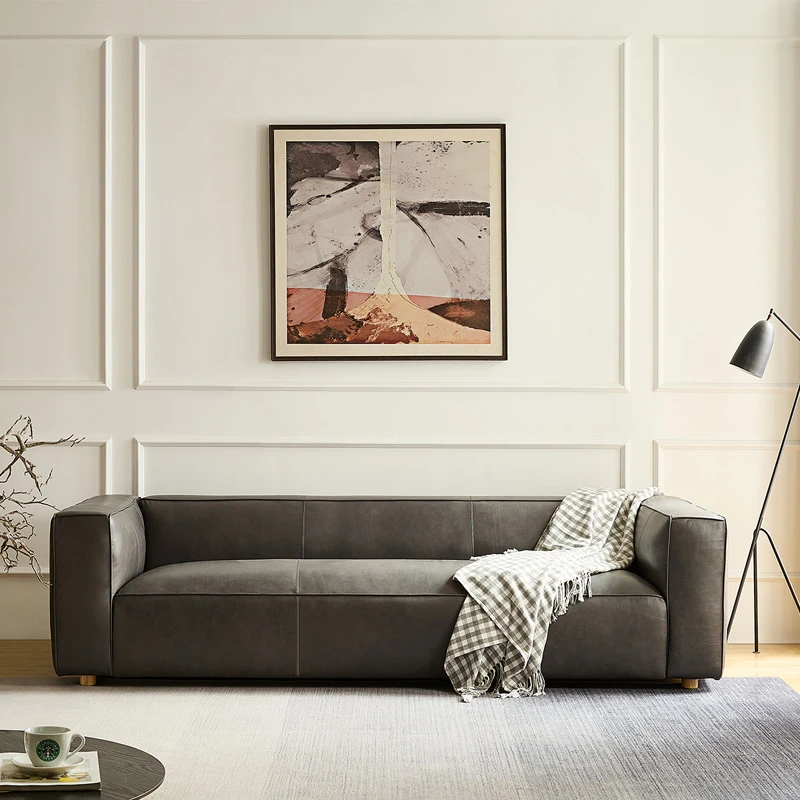 QK5038 复古简约风直排沙发  头层牛皮全皮五头牛轻奢落地沙发