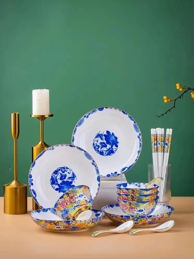 珐琅彩瓷碗中式碗碟套装家用景德镇餐具礼盒骨瓷碗盘高档结婚送礼