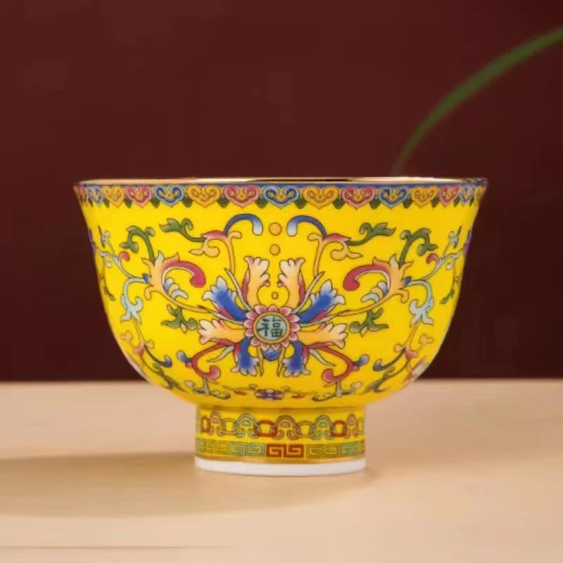 金边新款圆形中式彩酥油小号喝汤碗高脚宫廷风景德镇喝茶碗