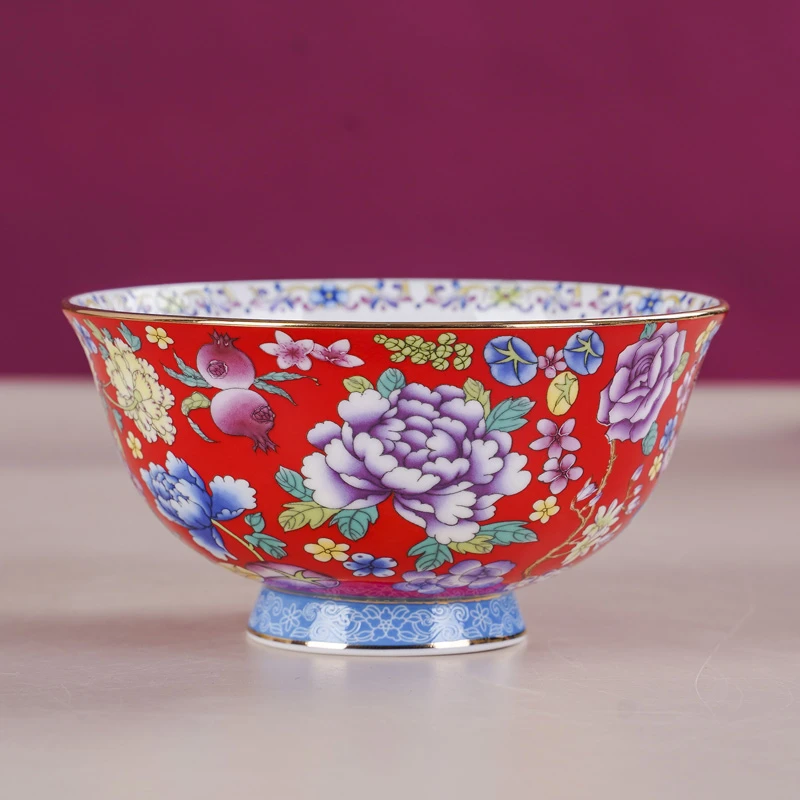 景德镇万花珐琅彩4.5英寸米饭碗高脚描金中式宫廷风陶瓷餐具