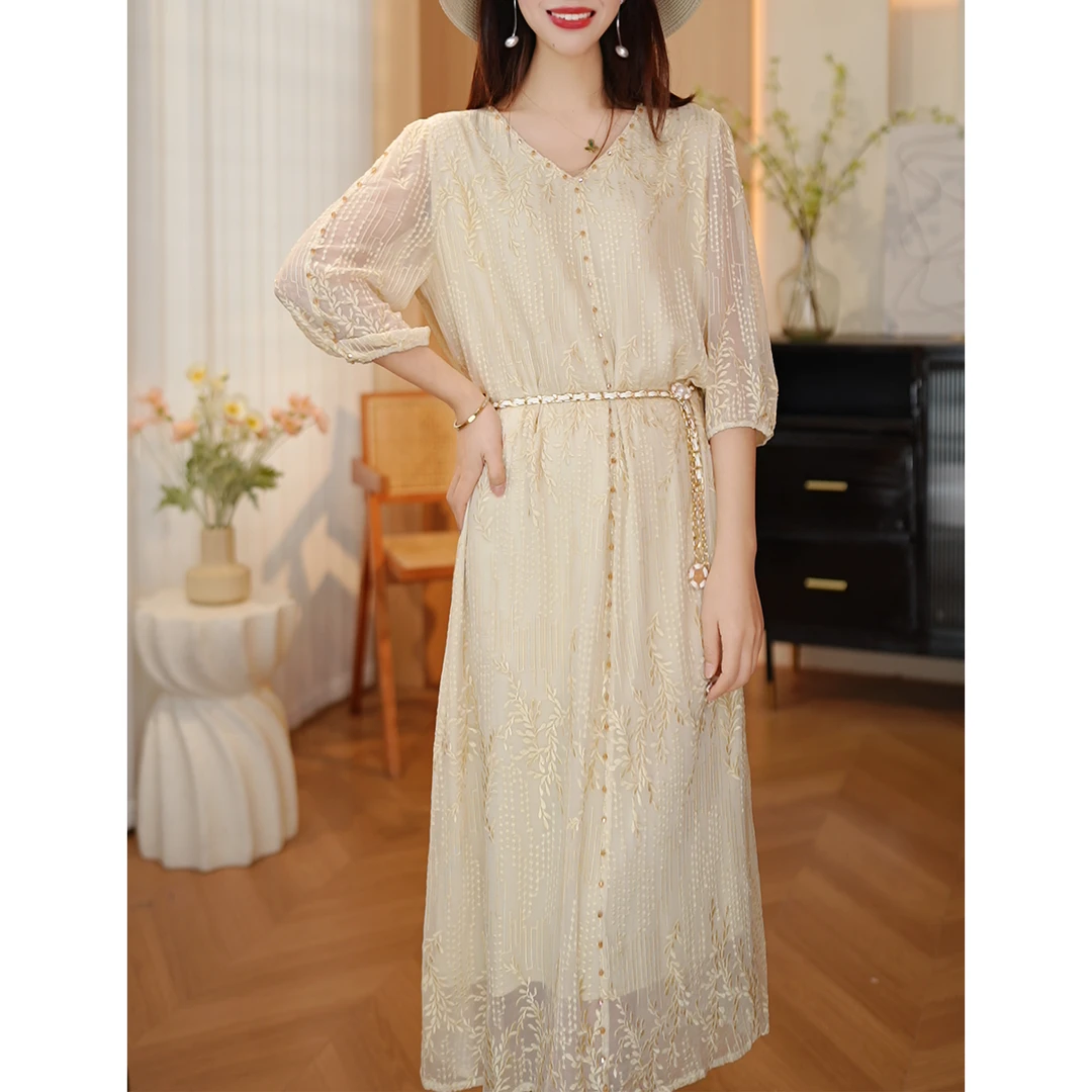 【DuShang】巴黎春天~重工优雅法式绣花真丝桑蚕丝连衣裙YZ1138