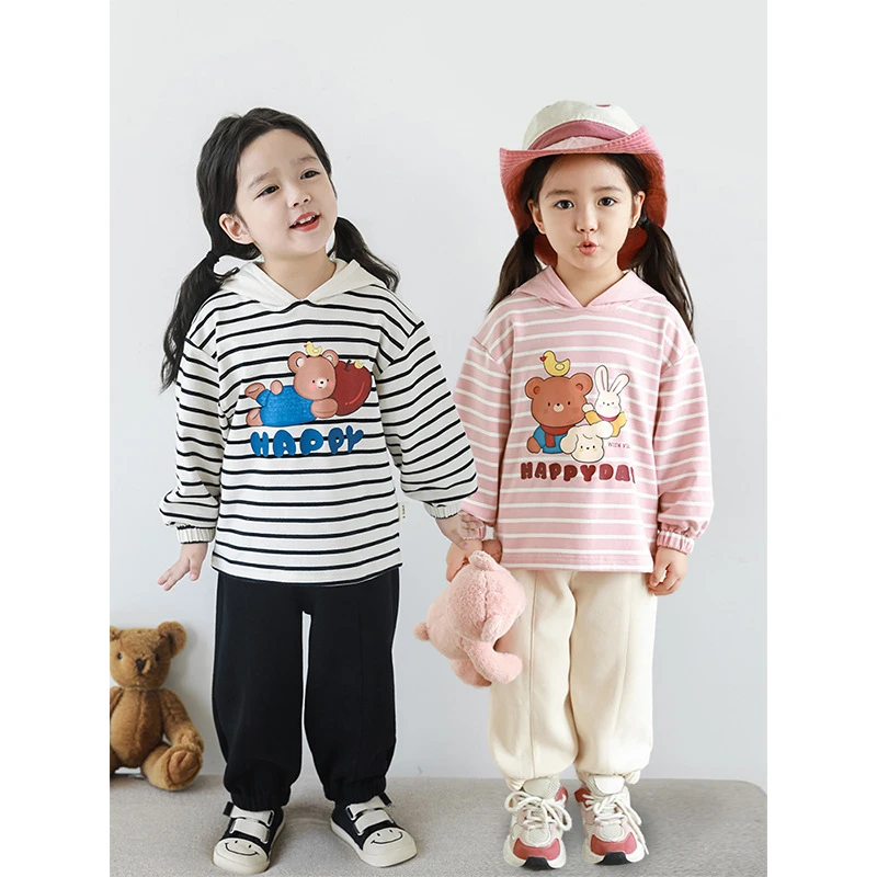 【2025丘哆萌秋款清】女童宽松条纹连帽卫衣卡通长袖上衣潮AQ0385