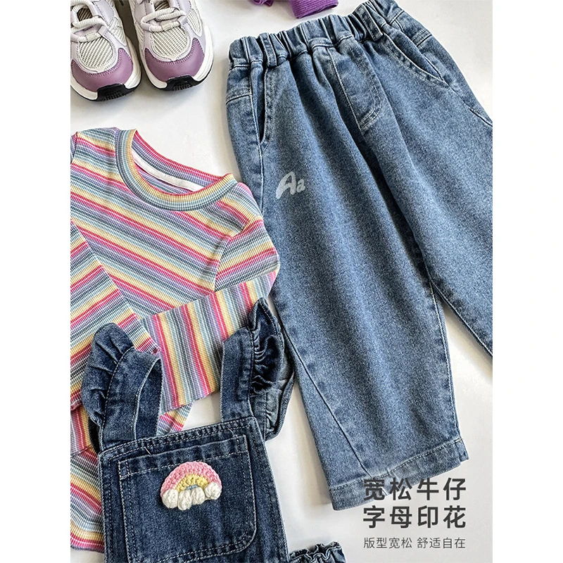 【2025丘哆萌年中清冬】女童装字母印花牛仔裤韩版休闲裤子AD0180