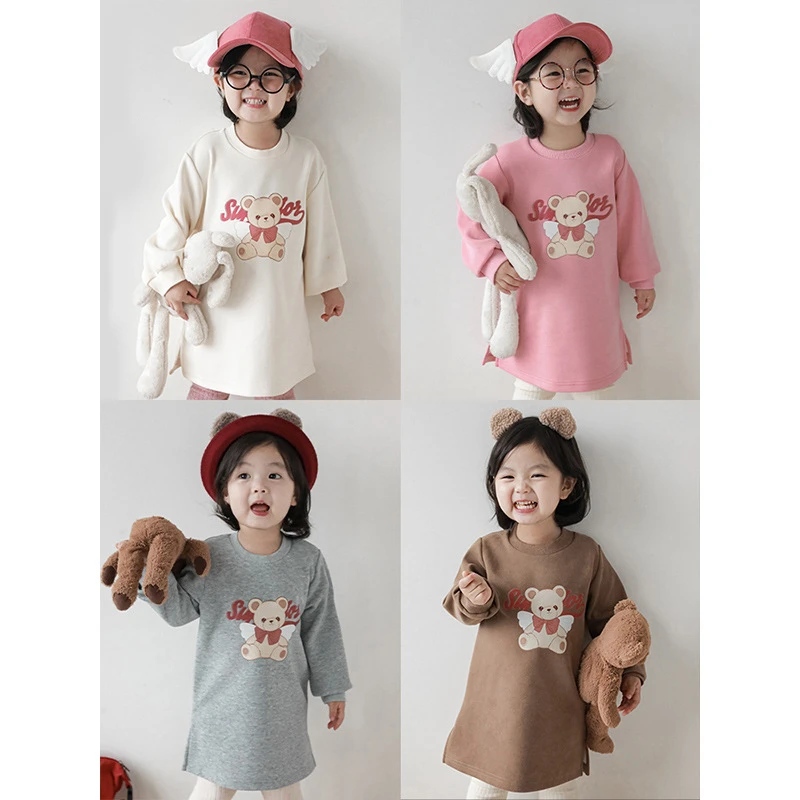 【2025丘哆萌秋款清】小熊印花卫衣连衣裙女童卡通休闲裙子AQ0097