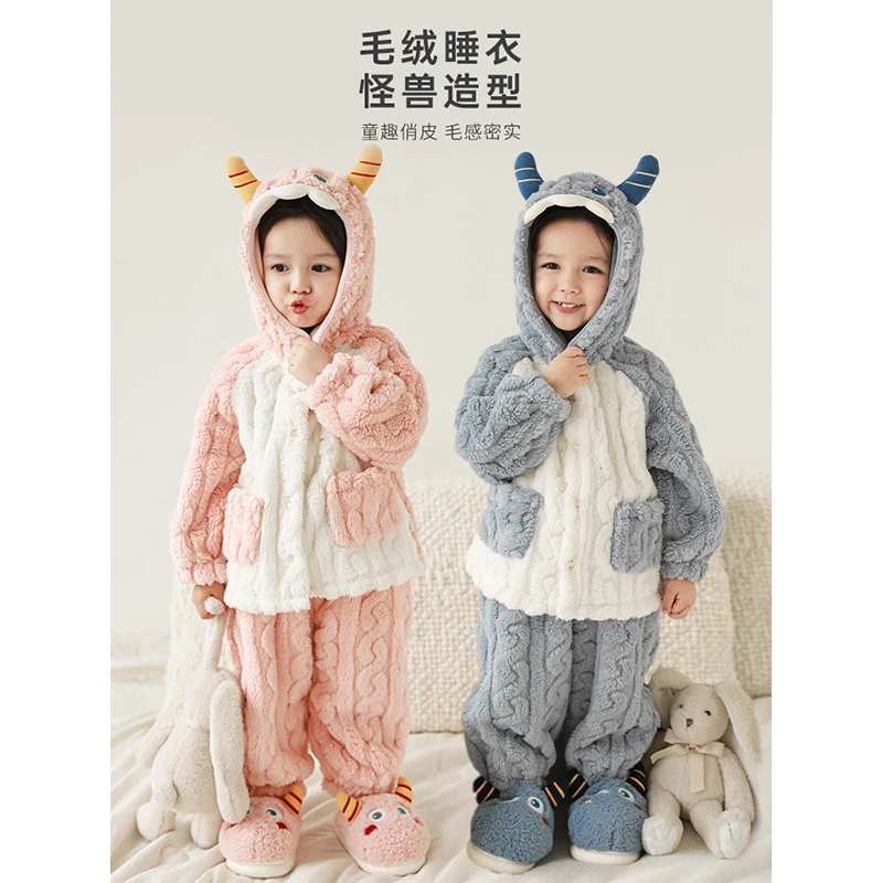 丘哆萌女童小怪兽套装2025冬新款毛绒睡衣宝宝保暖家居服AD0231