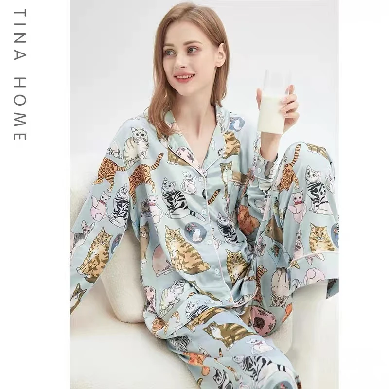 露丝同款动物世界睡衣女冰丝春秋季长袖长裤2022印花家居服套装