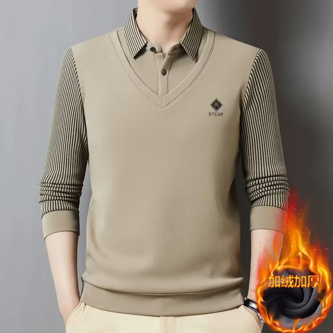 加绒加厚冬季爆款男士假两件保暖休闲衬衫领ＰＯＬＯ衫长袖高档Ｔ恤男