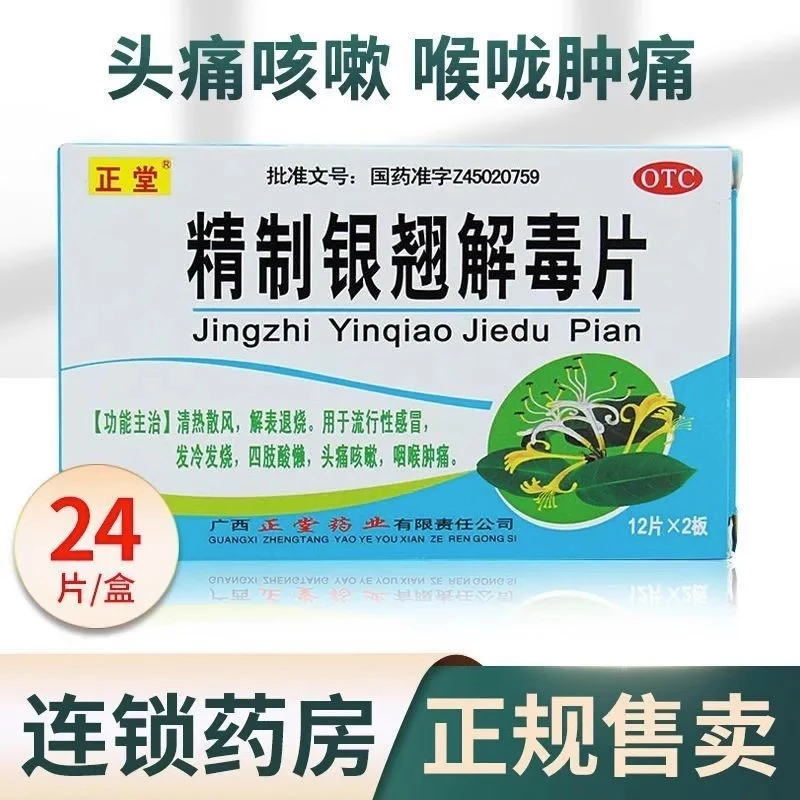 正堂精制银翘解毒片24片清热散风解表退烧用于流行性感冒发冷发烧四肢酸懒头痛咳嗽咽喉肿痛