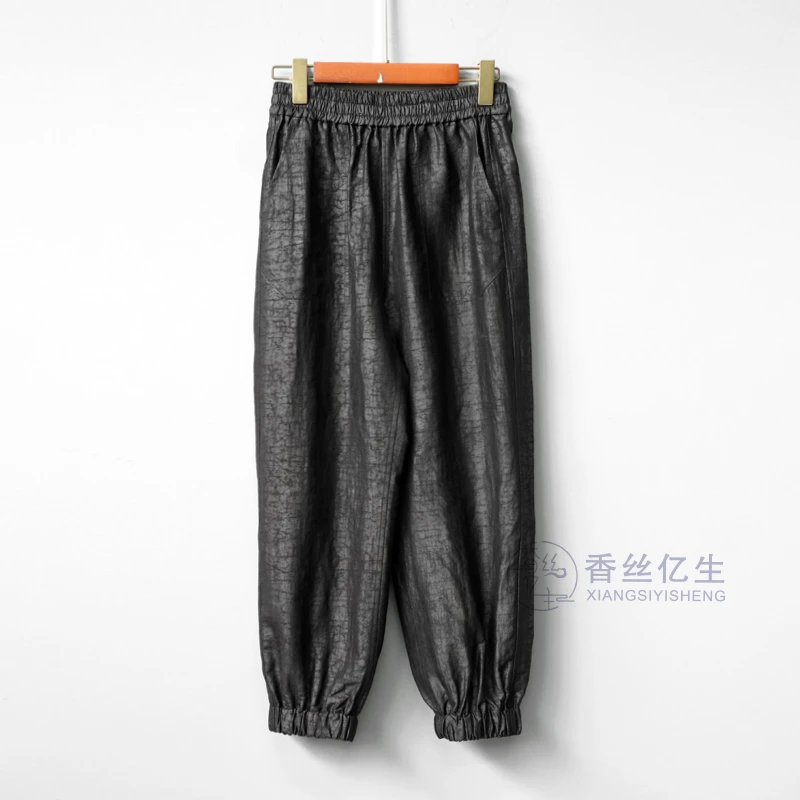 百搭小黑裤！龟裂纹四季百搭女裤子松紧腰九分休闲裤灯笼裤X2606-2