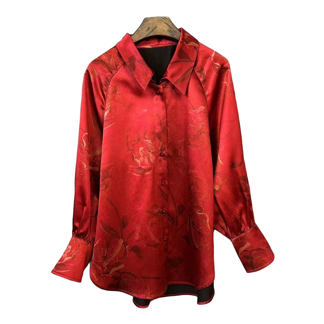 重磅香云纱80姆米大皮子中国红上衣女士百搭新年红色衬衫X2881