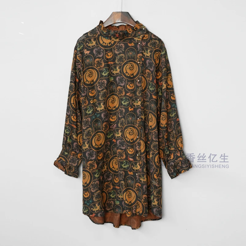 十二生肖！香云纱气质百搭圆领高腰减龄秋季长袖衬衫连衣裙X2754