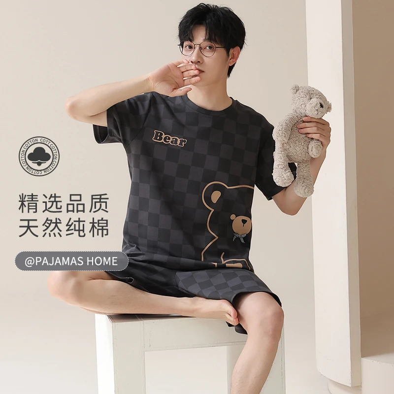 新款夏季男士纯棉短袖短裤睡衣套装宽松大码家居服纯棉男睡衣