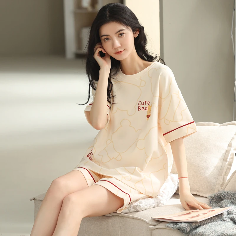 新款纯棉夏季女士纯棉短袖短裤睡衣简约宽松家居服套装Y9883