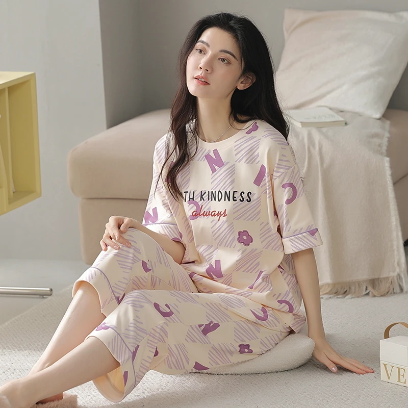 新款纯棉夏季女士短袖七分裤睡衣宽松圆领家居服套装Y96655