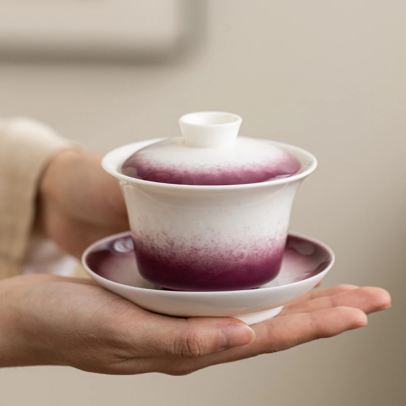 羊脂玉渐变紫白盖碗挂盖陶瓷泡茶壶家用高档功夫茶具不烫手大号