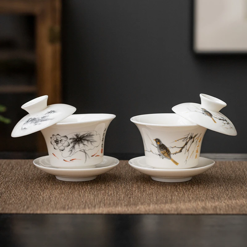 三才悬停盖碗手工大号白瓷泡茶茶碗茶具盖碗三件套套装德化羊脂玉