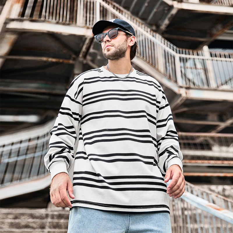 纺布者潮牌大码男装秋季新款简约条纹胖子宽松长袖卫衣男W1803