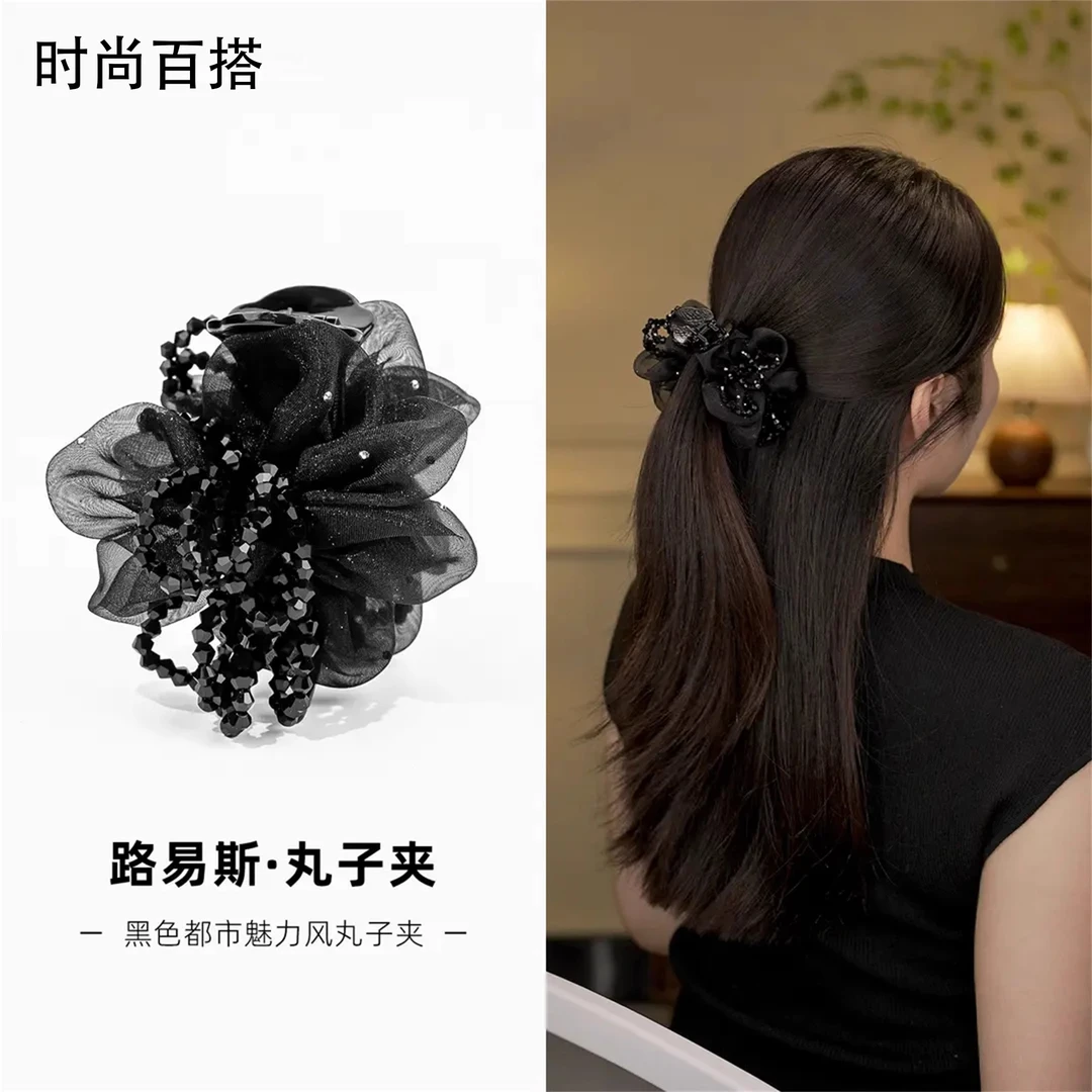 简约优雅气质网纱丸子夹女后脑勺半扎马尾夹头饰发饰时尚百搭