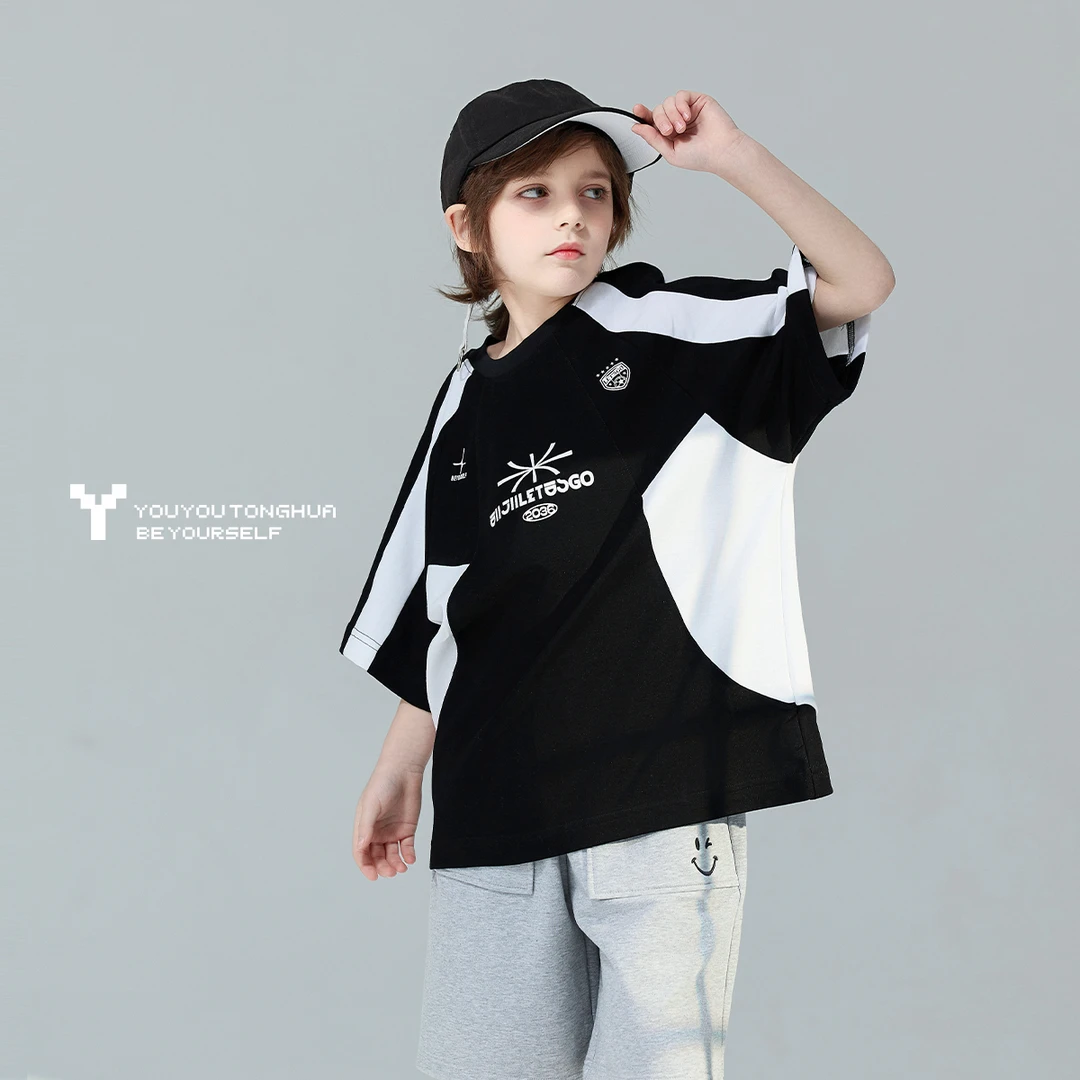 男童短袖纯棉T恤2024夏季潮酷圆领拼接上衣中大童儿童WYSU860188