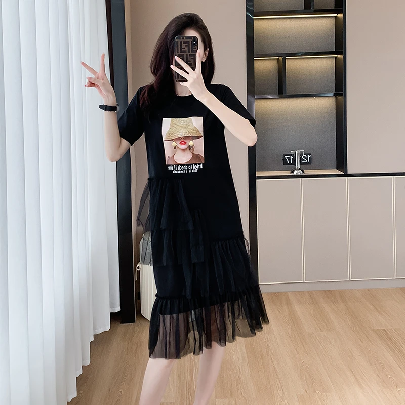 夏季气质黑色中长款t恤网纱拼接手工钉珠大码连衣春游出行衣服