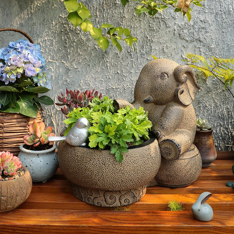 汉韵堂中式大象花盆摆件树脂多肉花盆假山造景盆创意盆栽动物花器